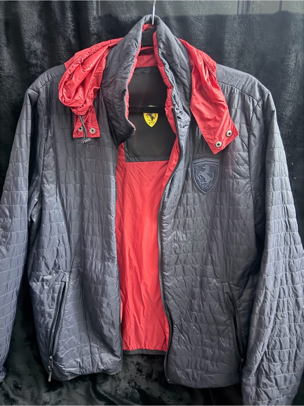 Ferrari Black Quilted Puffer Jacket with Red Lining